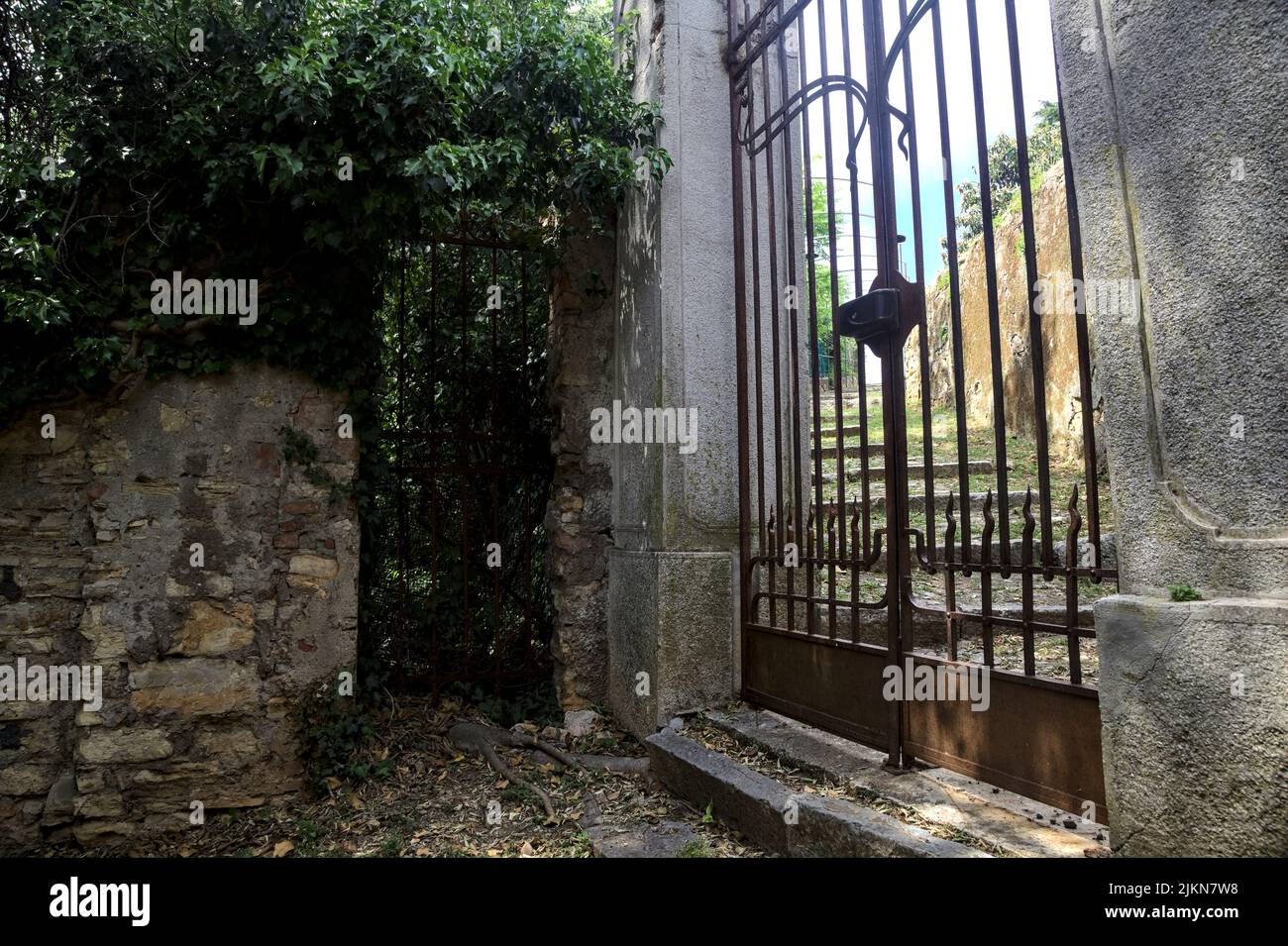 Gate in a stone wall at the end of a path in a grove Stock Photo - Alamy