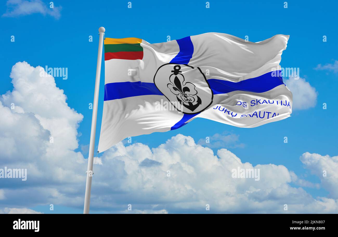 official flag of Sea Scout obverse lithuania at cloudy sky background on sunset, panoramic view. lithuanian travel and patriot concept. copy space for Stock Photo