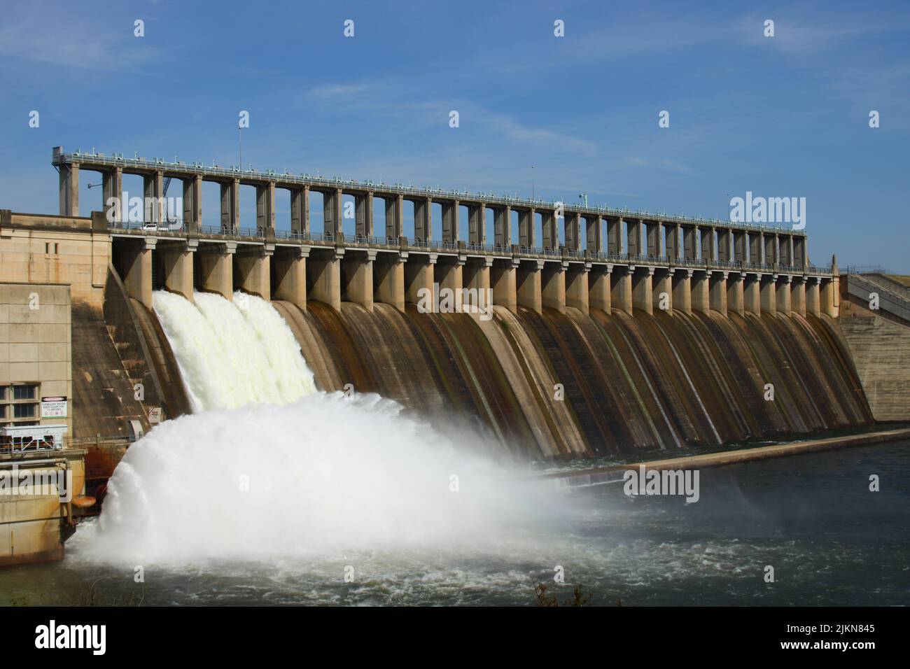 The Bratsk hydroelectric power station with water coming out of the columns Stock Photo