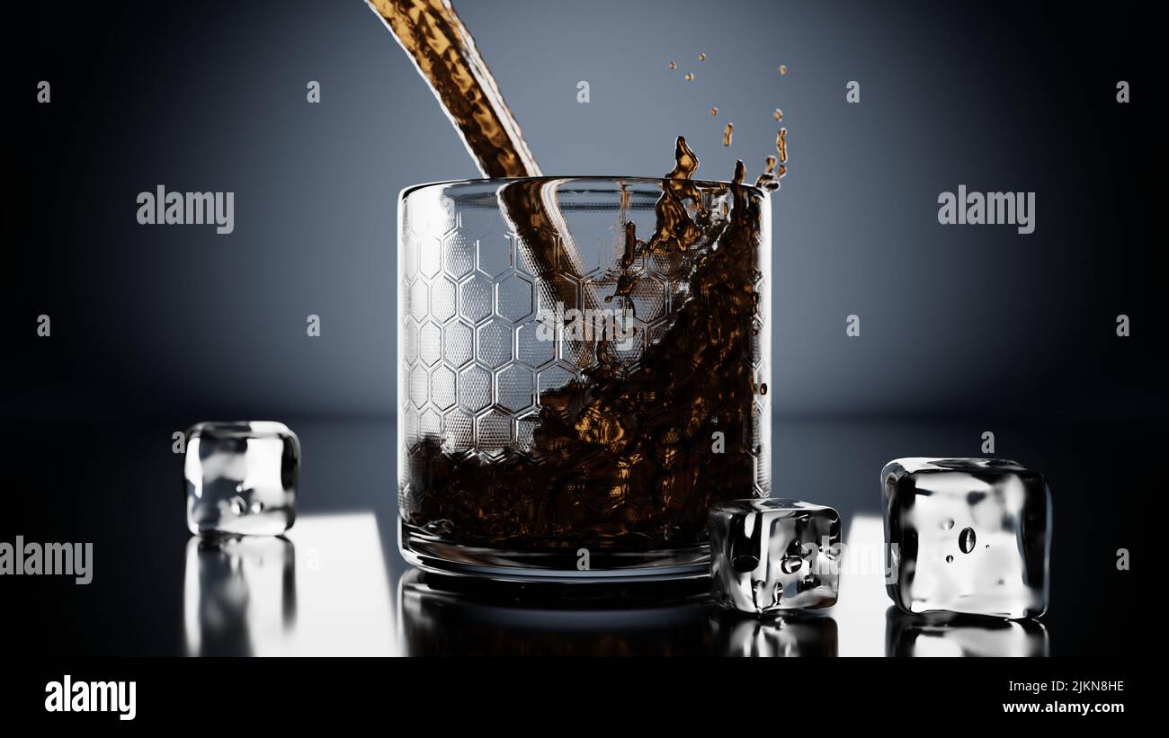 A closeup of glass with pouring whiskey and ice cubes on the table against the gray background Stock Photo