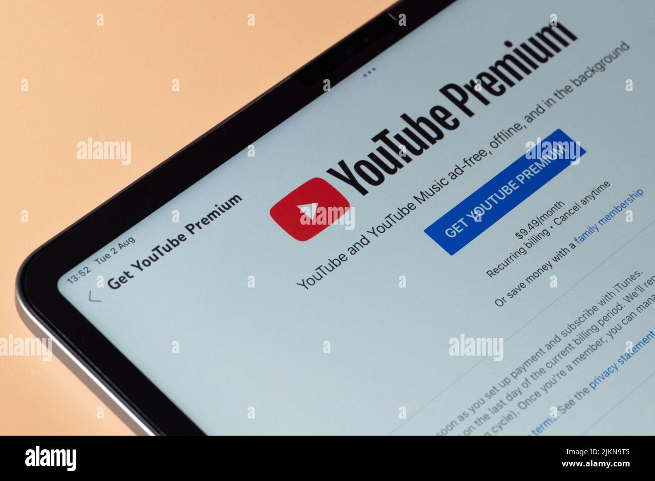 New york, USA - august 2, 2022: Get youtube premium service subscription on laptop screen close up view Stock Photo