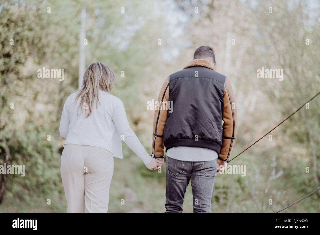 A back view of a couple walking hand in hand with each other in the ...