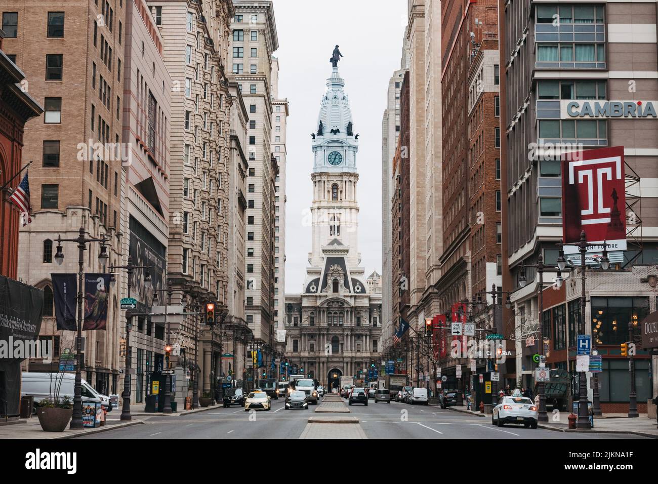 Philadelphia City Hall, seen from South Broad Street, on a cloudy fall day. Construction completed in 1894 Stock Photo
