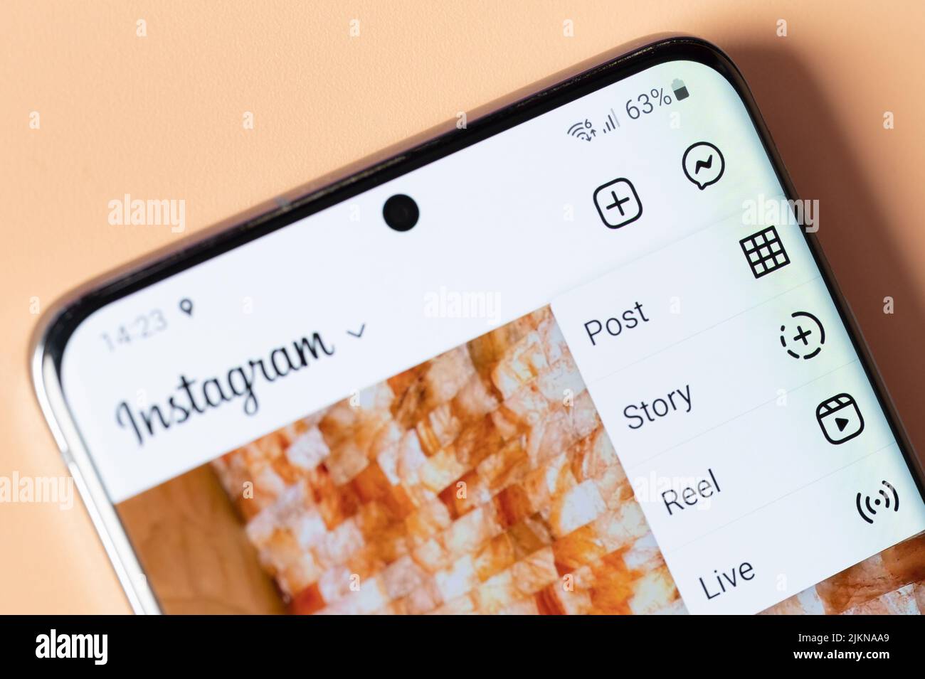 New york, USA - august 2, 2022: Creating content on instagram app on smartphone screen close up view Stock Photo