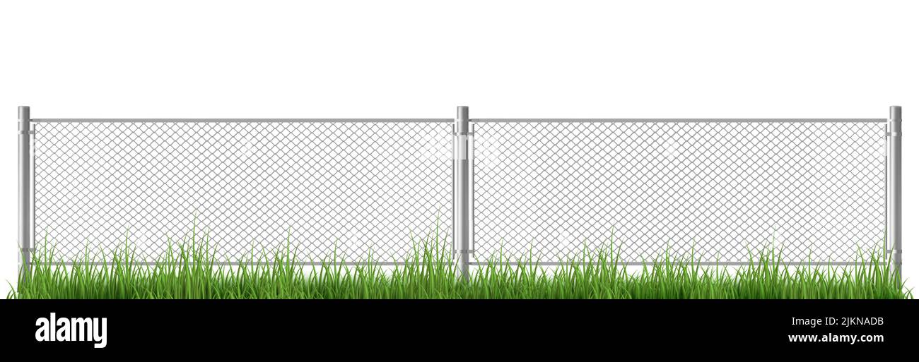 https://c8.alamy.com/comp/2JKNADB/wire-fence-with-gates-on-green-grass-metal-chain-link-mesh-barrier-isolated-on-white-background-rabitz-perimeter-protection-segments-separated-with-poles-realistic-3d-vector-illustration-2JKNADB.jpg