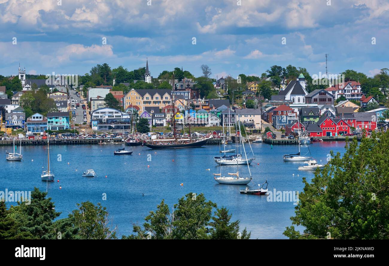 The Town of Lunenburg Nova Scotia is a UNESCO Heritage Site.  It's  waterfront with many colourful buildings is popular with tourists durning the summ Stock Photo