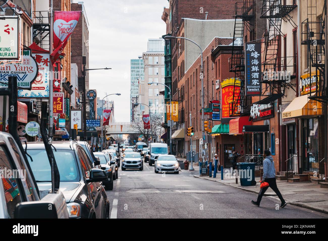 Looking down a city street in Chinatown, Philadelphia, USA Stock Photo