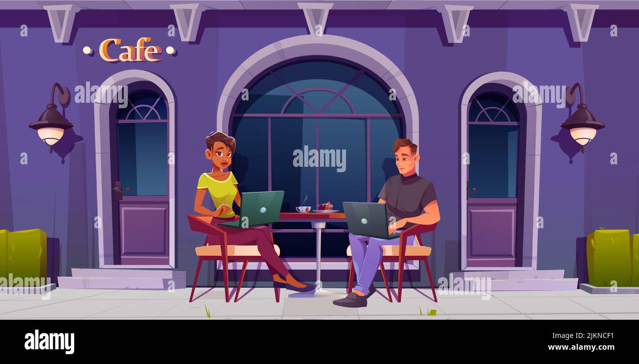 Man and woman work on laptops sitting in cafe. Restaurant or coffee