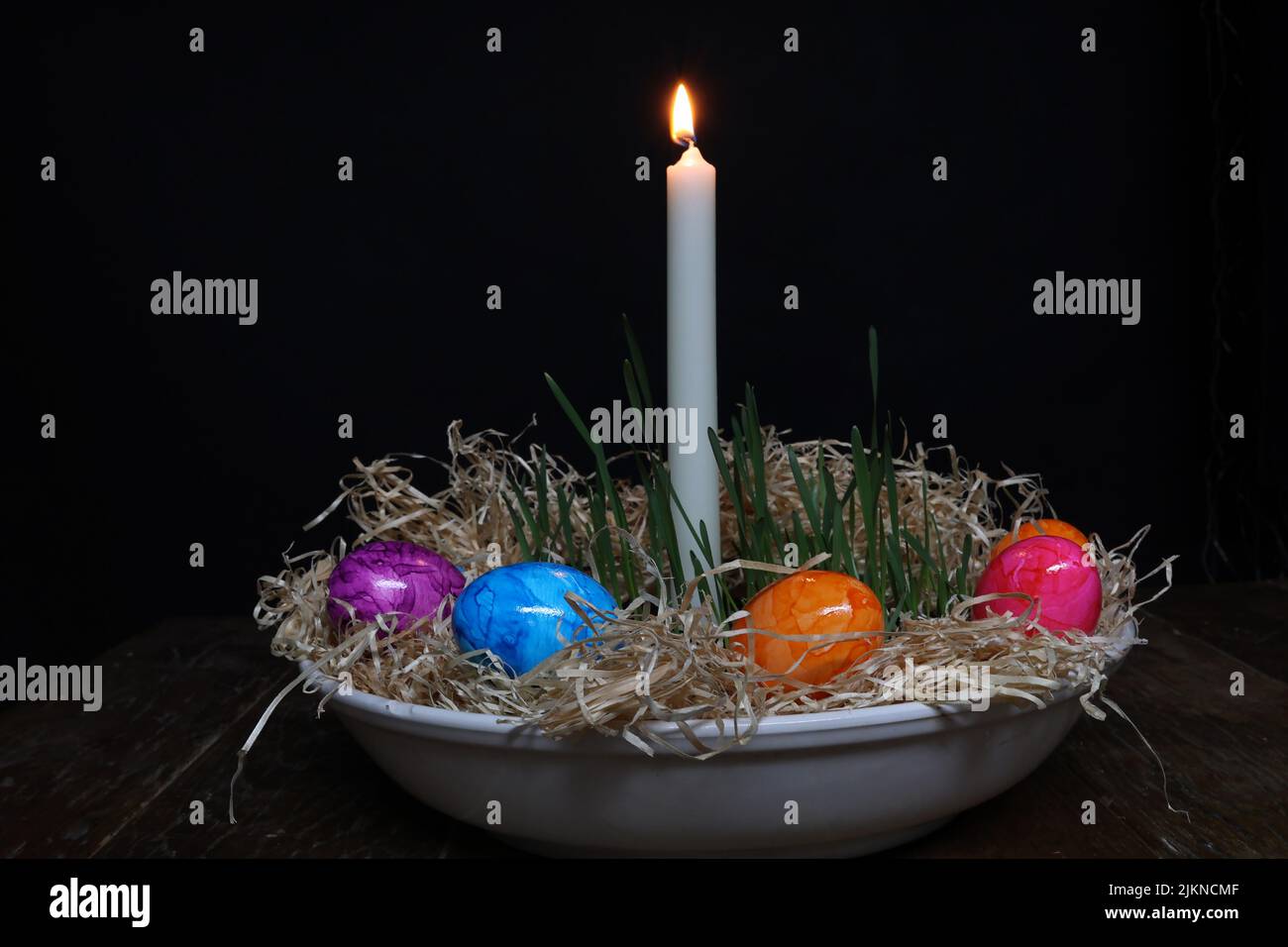 Easter traditions, Compositions with painted Easter eggs. Stock Photo