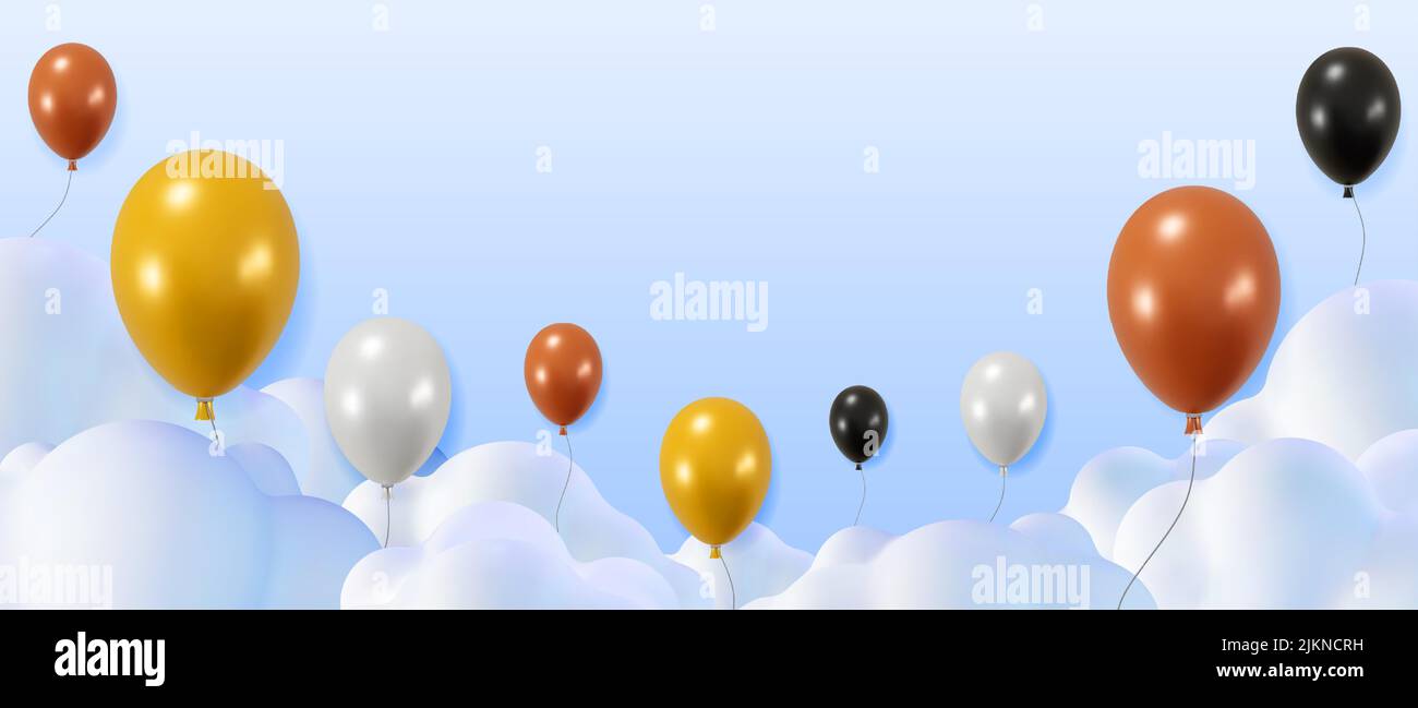 3D Shiny Balloons in Clouds Border. Stock Vector