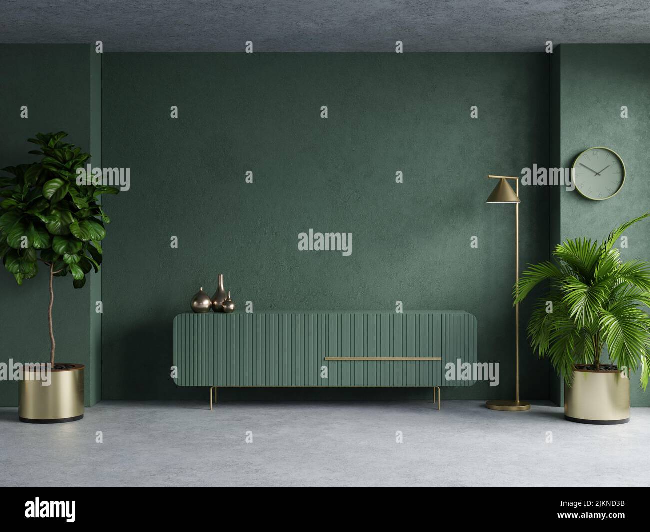 Living room with cabinet for tv on dark green color wall background.3d ...