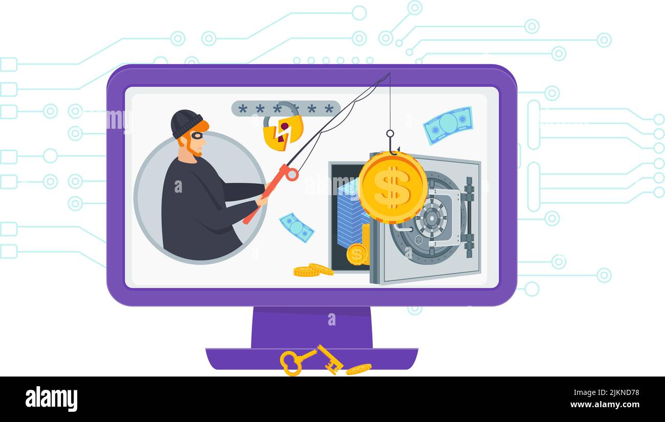 Hacker with fishing rod hacks into a bank safe Stock Vector Image & Art -  Alamy