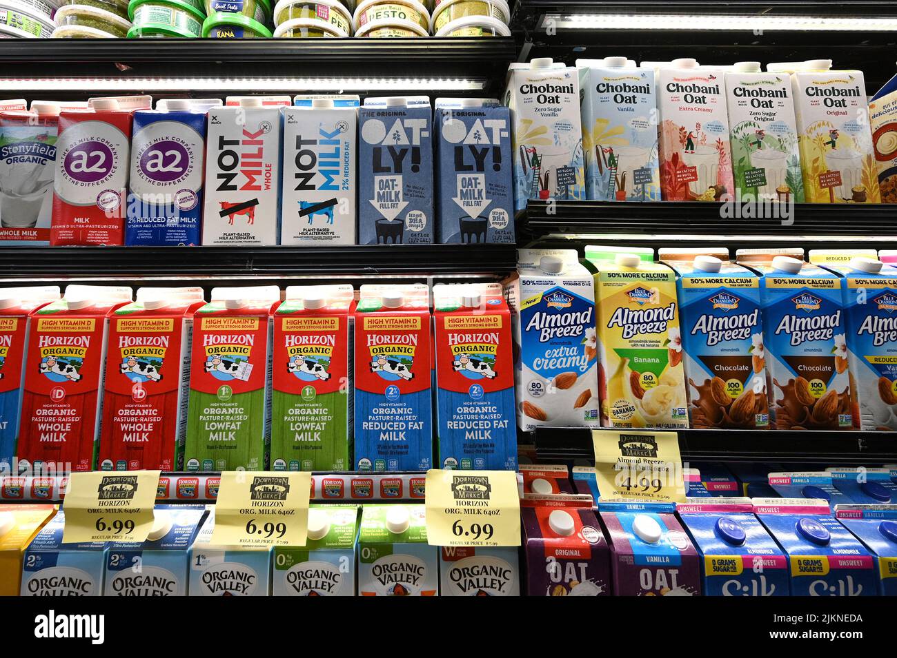 New York, USA. 02nd Aug, 2022. Cartons of Oatly milk (top center 