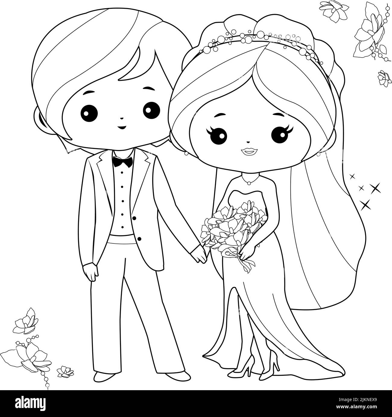 A beautiful bride and a handsome groom. Vector black and white coloring page Stock Vector