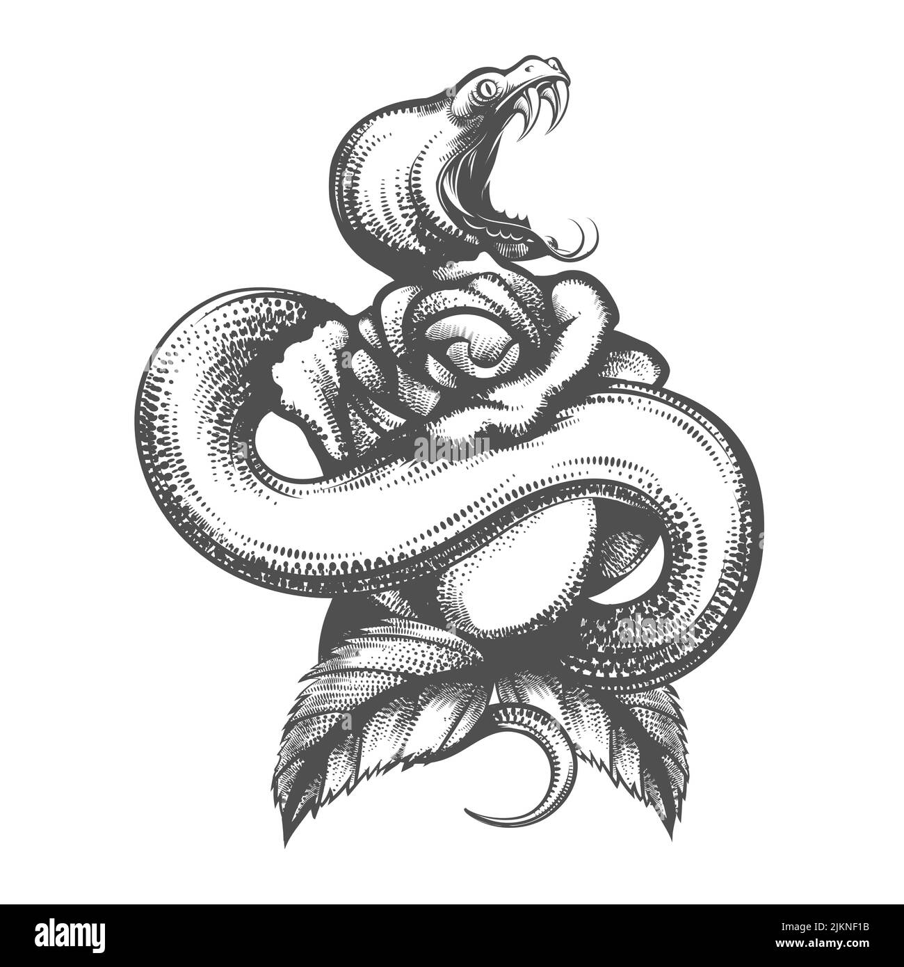 Monochrome tattoo of Snake and Rose Flower Isolated on White. Vector illustration. Stock Vector
