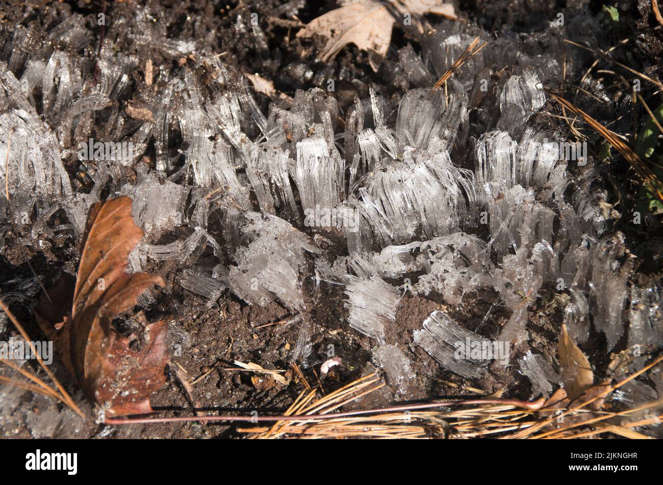 Ice from the dripping water from a house in Deep Creek Lake forms ice crystal threads benath the eaves of the structure. Stock Photo