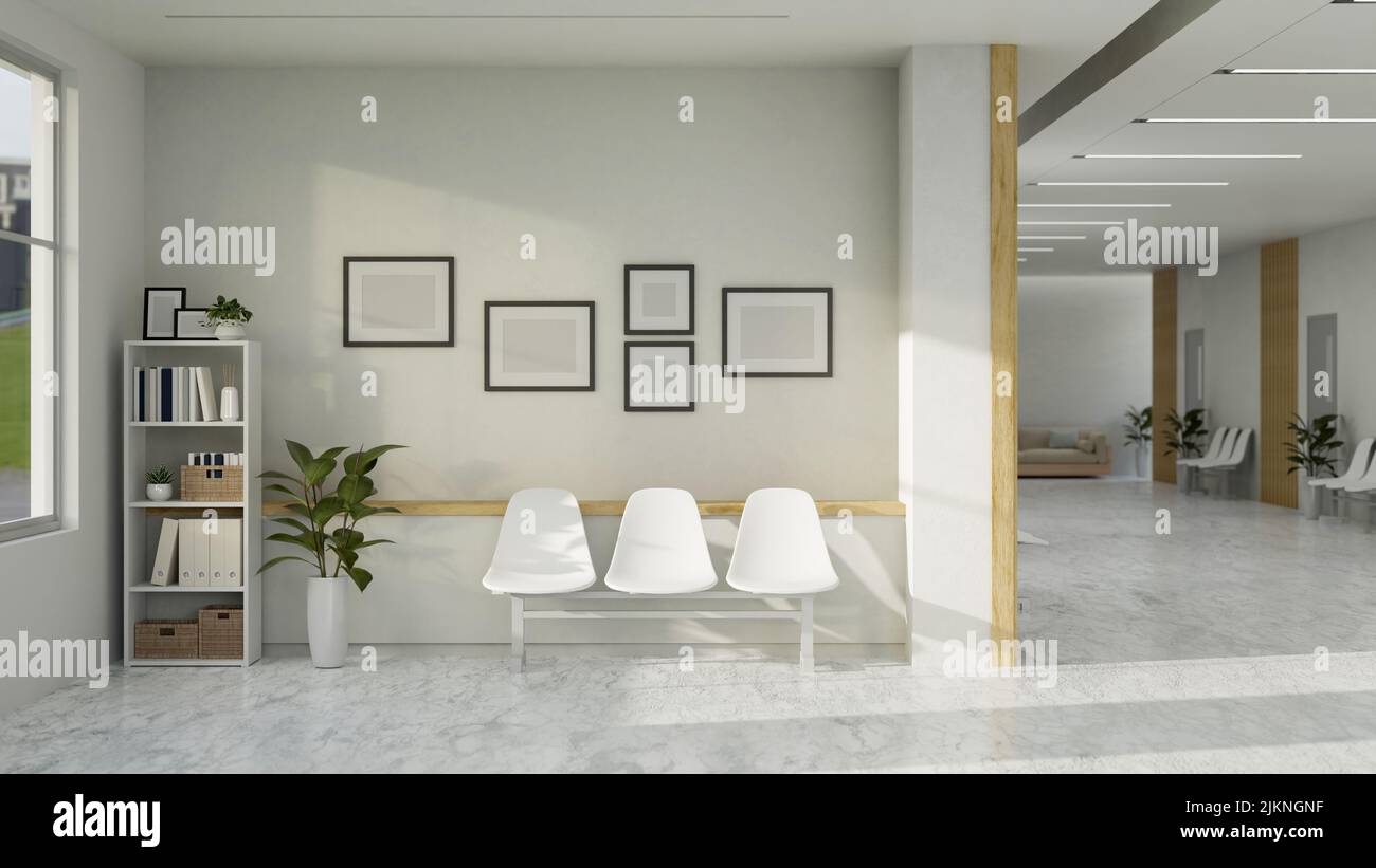 Modern minimal white hospital or clinic corridor and waiting room
