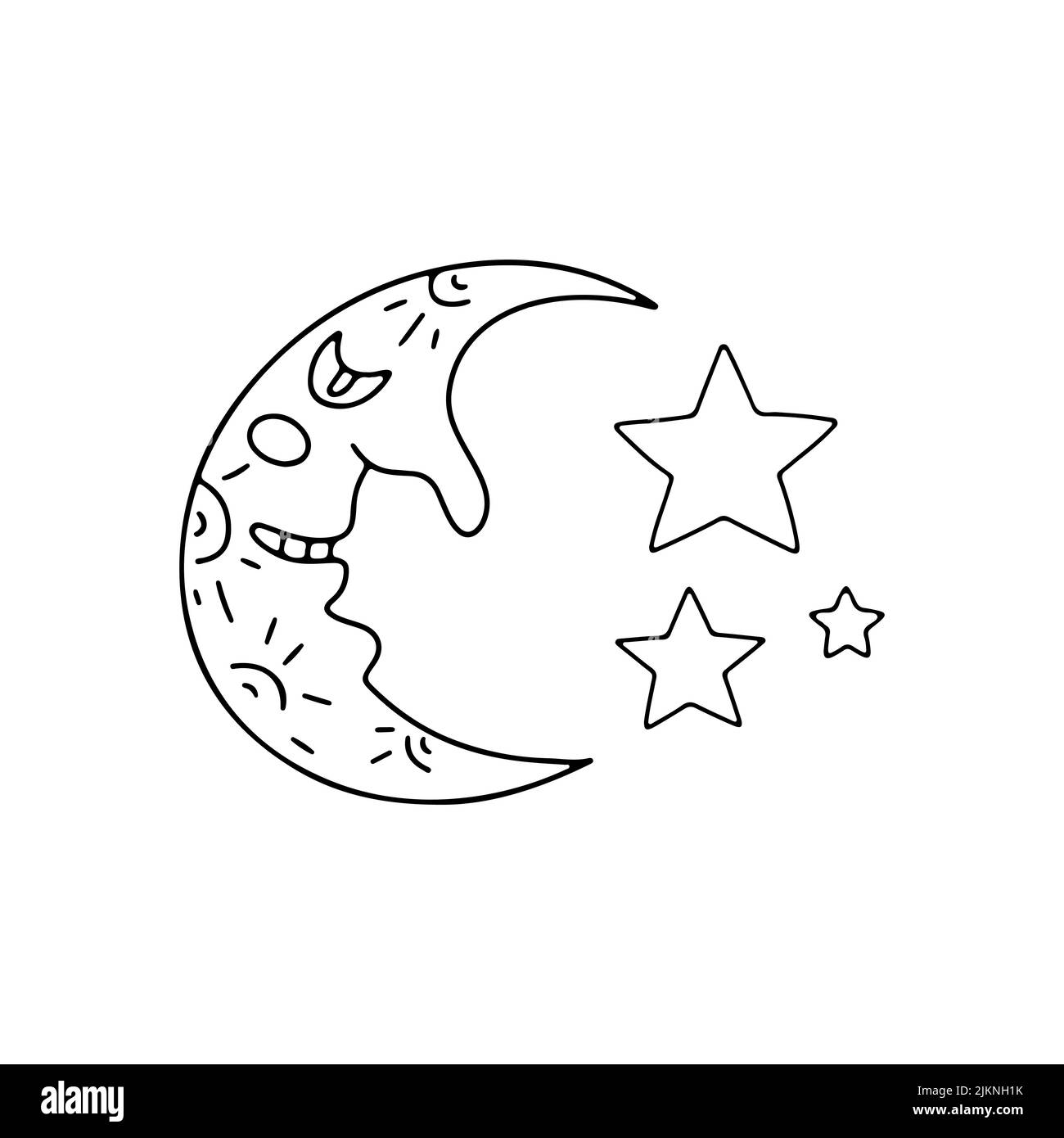 Half moon with human face. Hand drawn line art Halloween illustration