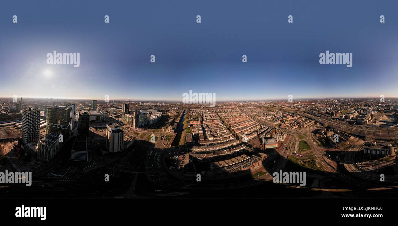 Full 360 degrees aerial panorama of Utrecht central train station and financial district area in the morning Stock Photo