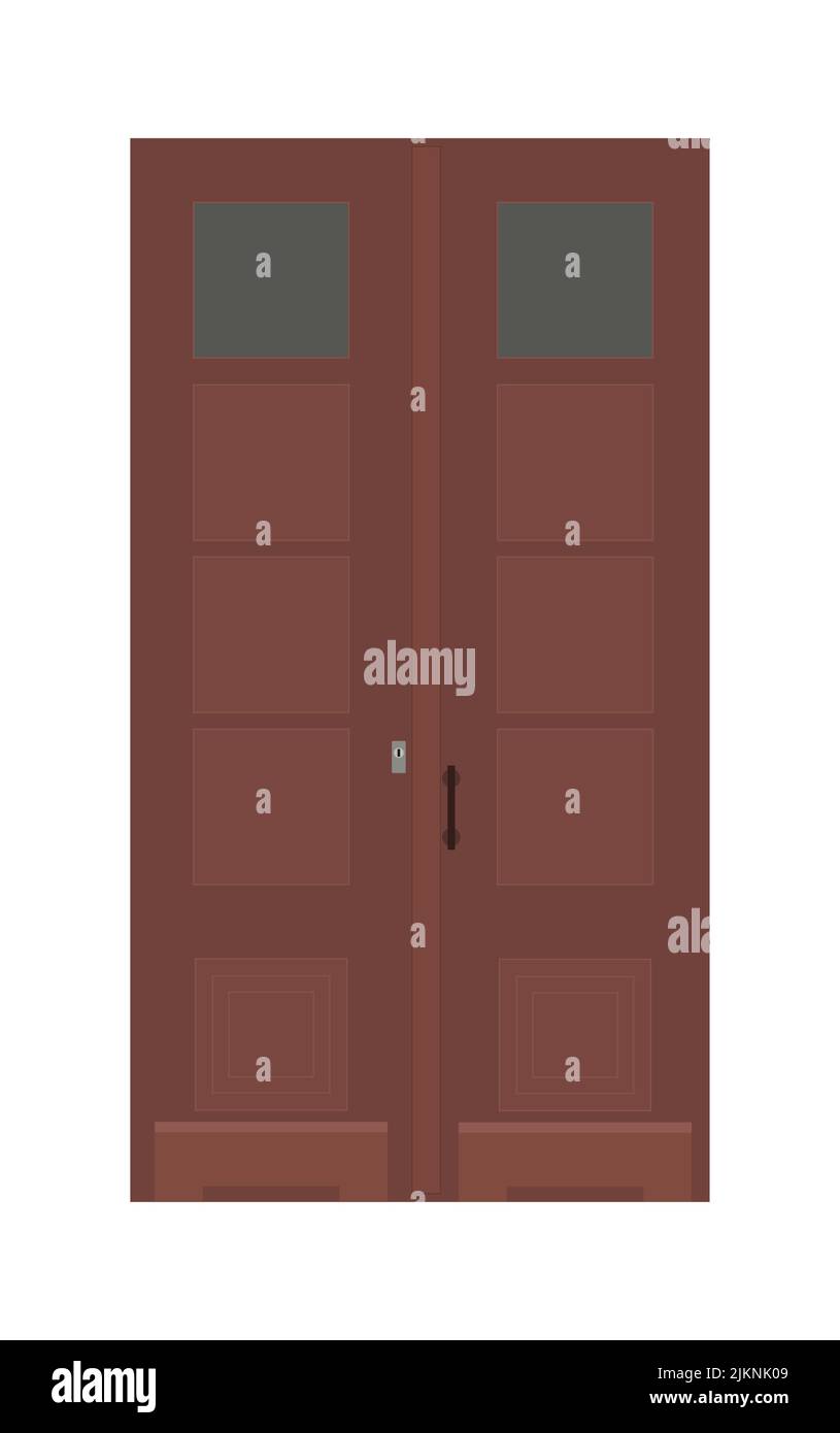 Entrance double door, dark red wooden portal. Entry front doorway, european style design. Vector illustration. Stock Vector
