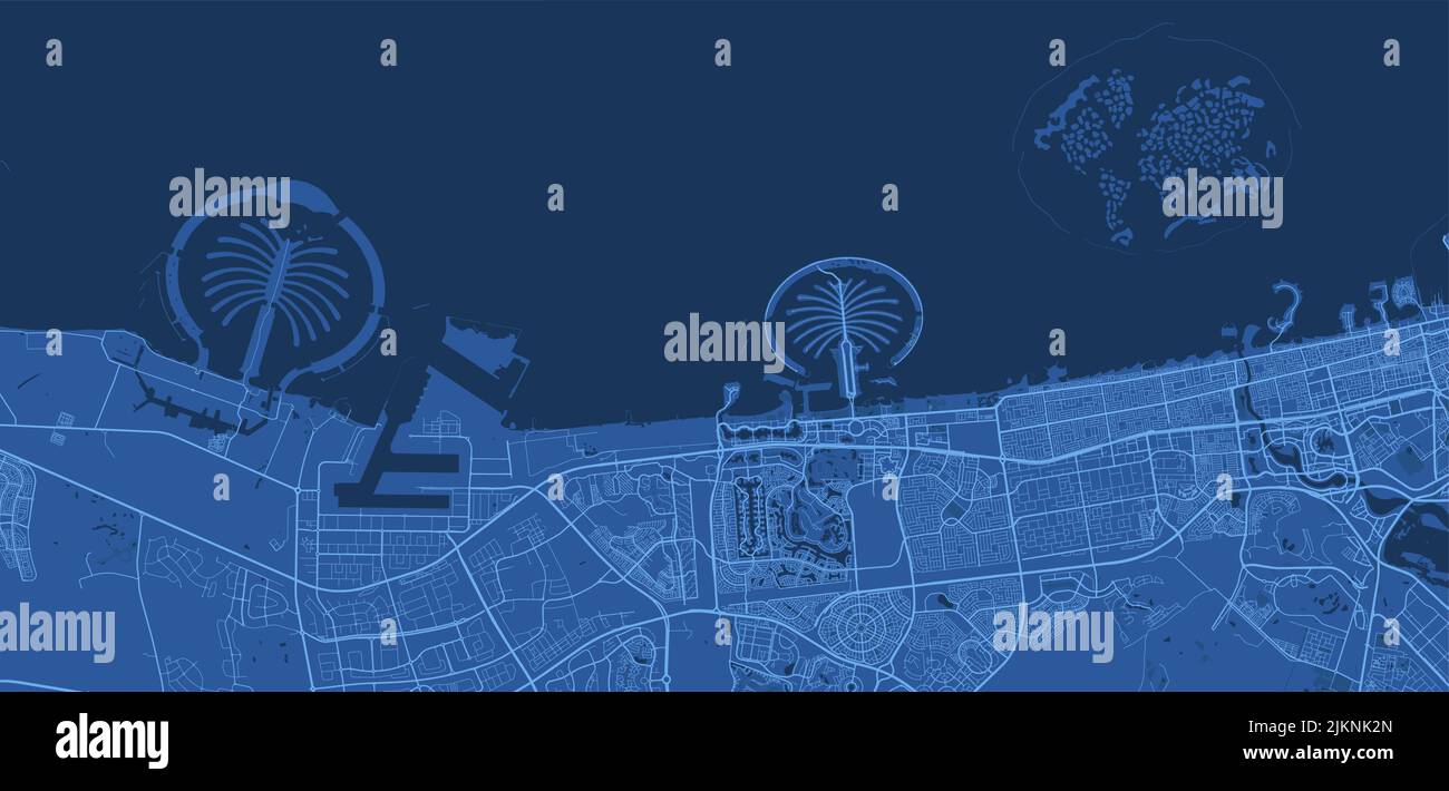 Dark blue Dubai City area vector background map, streets and water cartography illustration. Widescreen proportion, digital flat design streetmap. Stock Vector