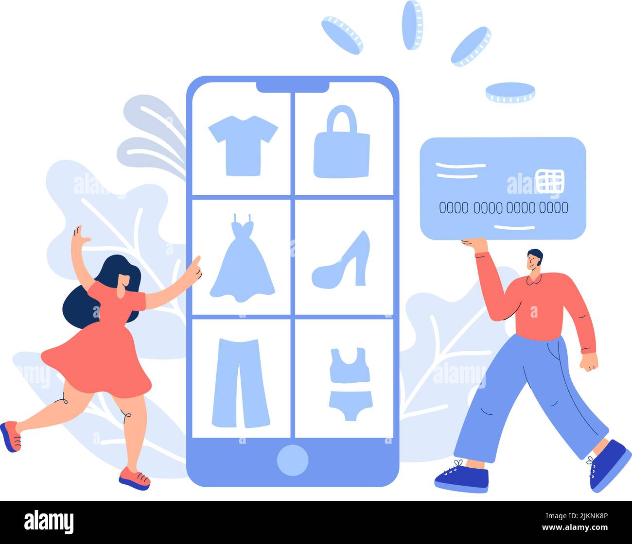 Online shopping flat. Vector hand drawn woman and man with bank card runs to buy goods. The product catalog in telephone on the web browser page Stock Vector