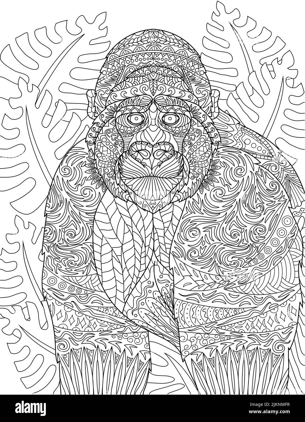 Coloring Book Page With Detailed Big Monkey Staring Afar With Leaves In