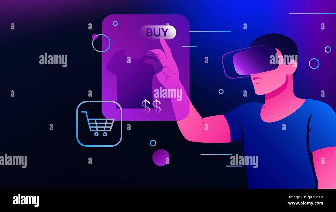 Online Shopping in Metaverse. Man in VR Goggles buying clothes ...