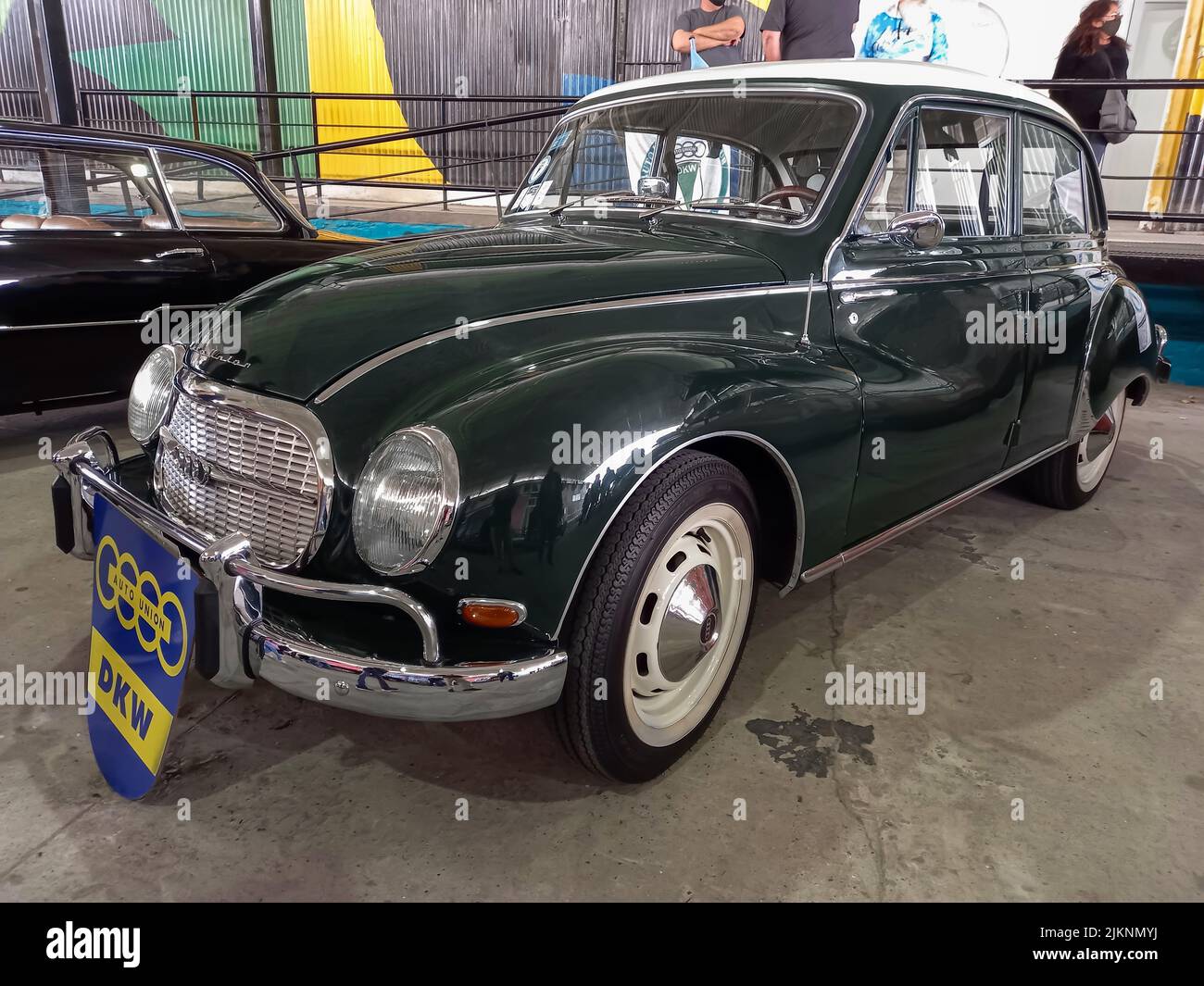 Avellaneda, Argentina - Apr 3, 2022: Old black Auto Union DKW 1000 S four door saloon 1960-1970 parked in a warehouse yard. Classic car show. Stock Photo
