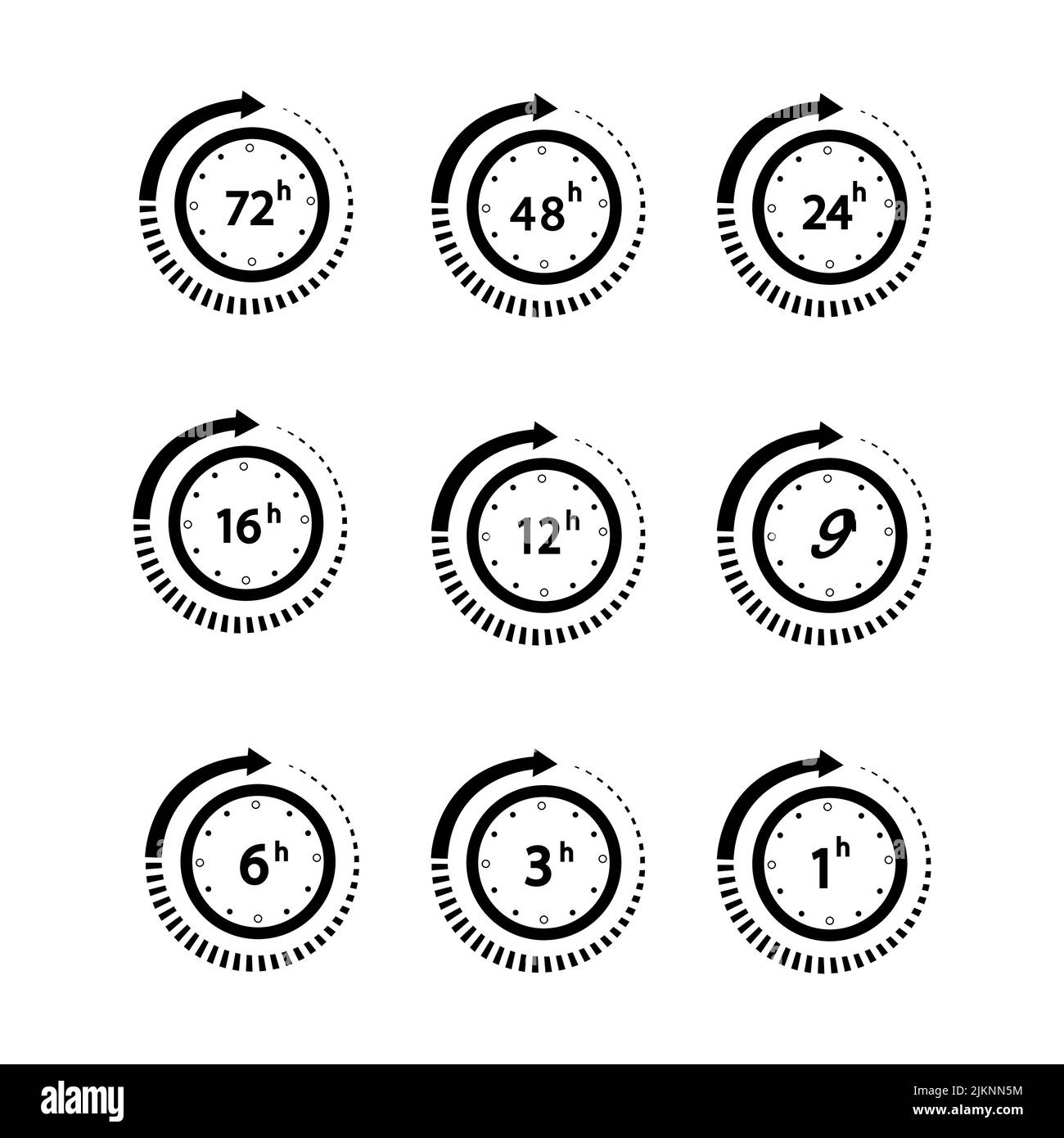Set of arrows clock and time icons. 1, 3, 6, 9, 12, 16, 24 48 72 hours Stock Vector