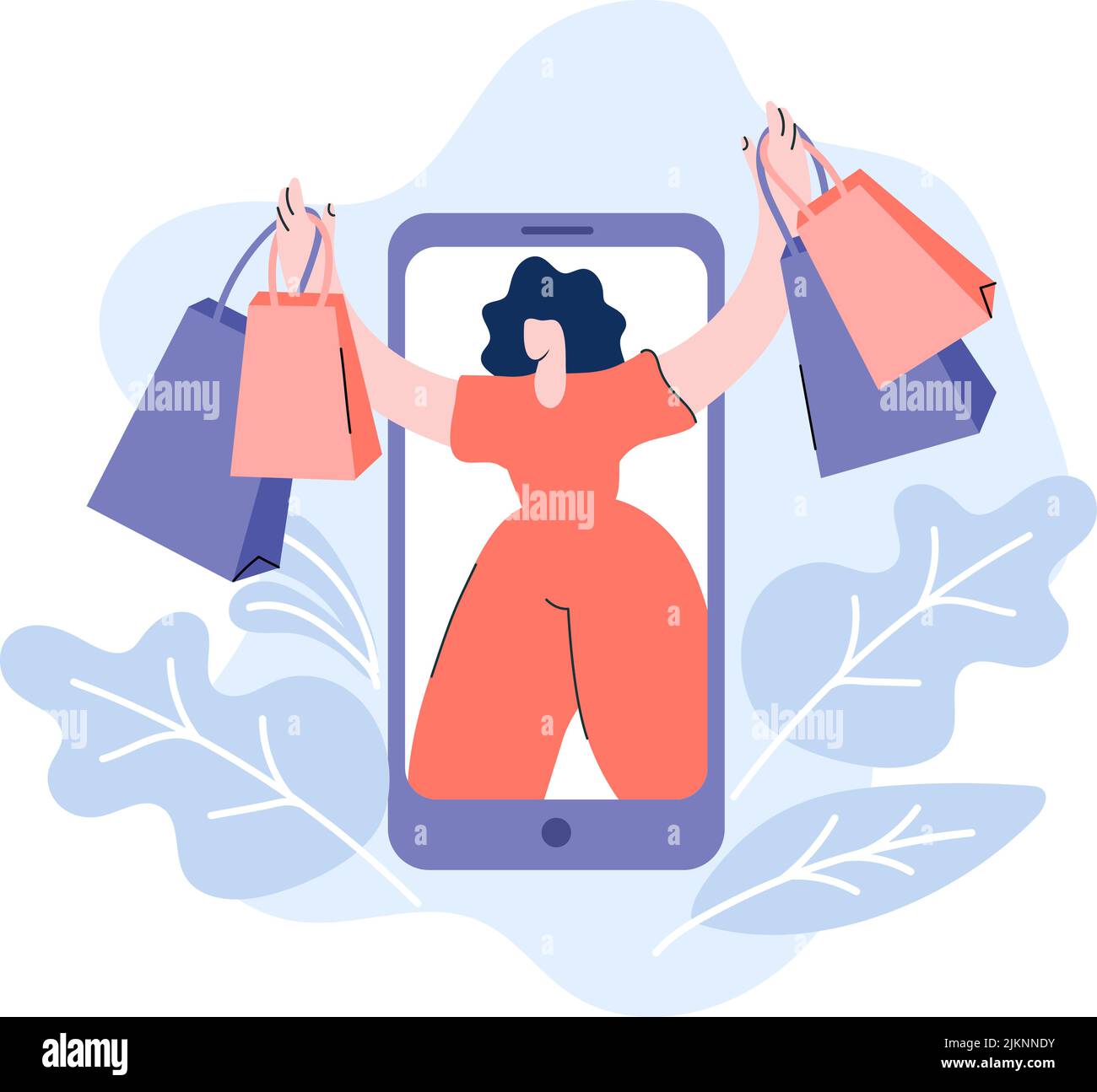 Online shopping flat. Vector hand drawn woman with packages runs from smartphone. Shop in telephone on web browser page for sales Stock Vector