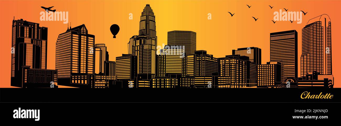 Charlotte city skyline silhouette - illustration,  Town in orange background Stock Vector