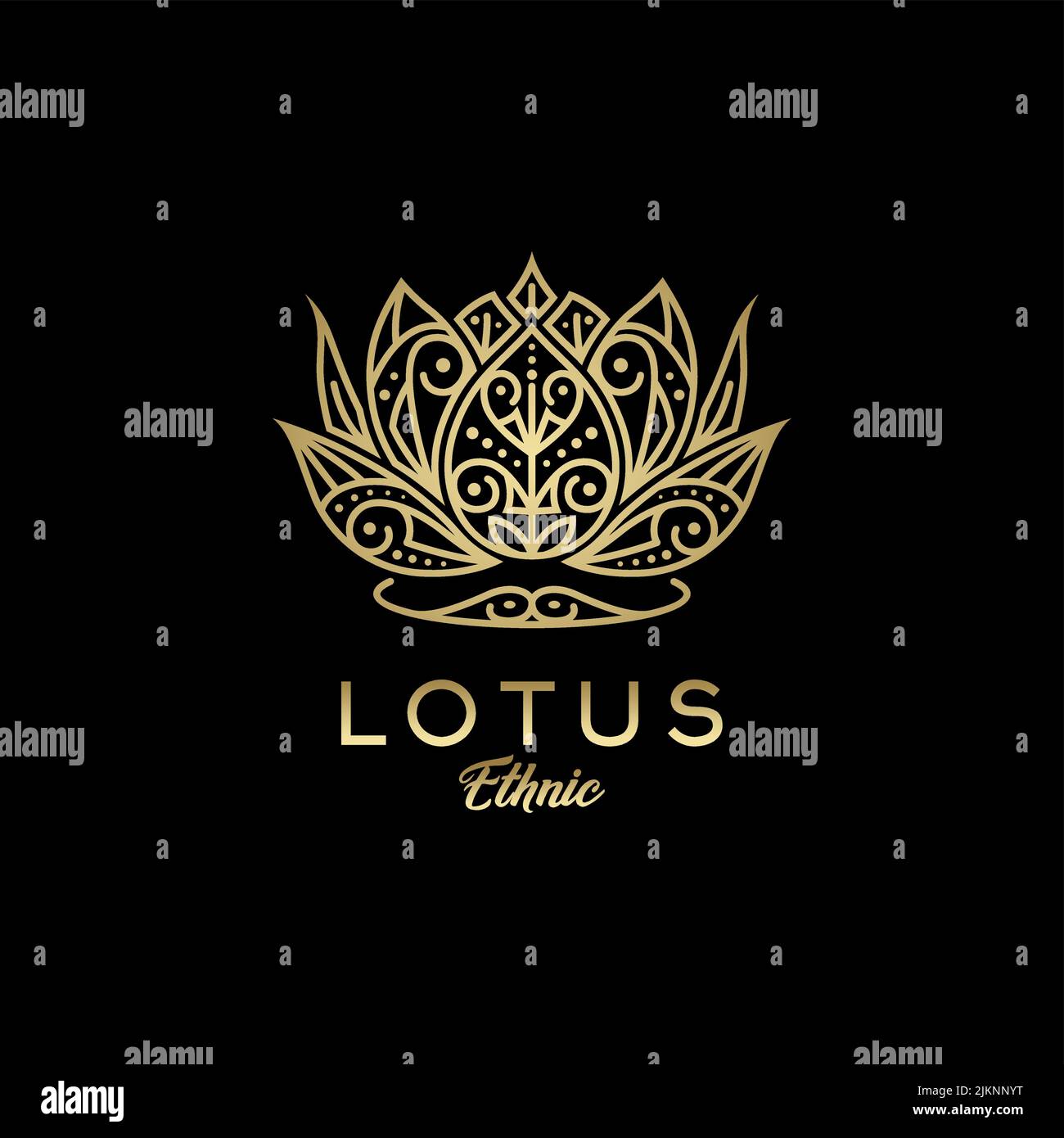 Golden Lotus Flower Logo With Asian Batik Ethnic Motif Stock Vector