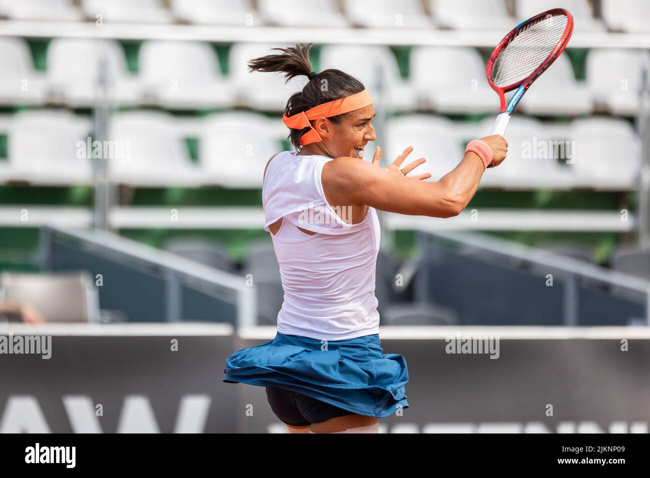 Warsaw, Poland. 28th July, 2022. Caroline Garcia seen in action during the second round match BNP Paribas Poland Open - WTA 250 between Elisabetta Cocciaretto (Italy) and Caroline Garcia (France) in Warsaw. (Final score; Elisabetta Cocciaretto 0:2 (3:6, 5:7) Caroline Garcia) Credit: SOPA Images Limited/Alamy Live News Stock Photo