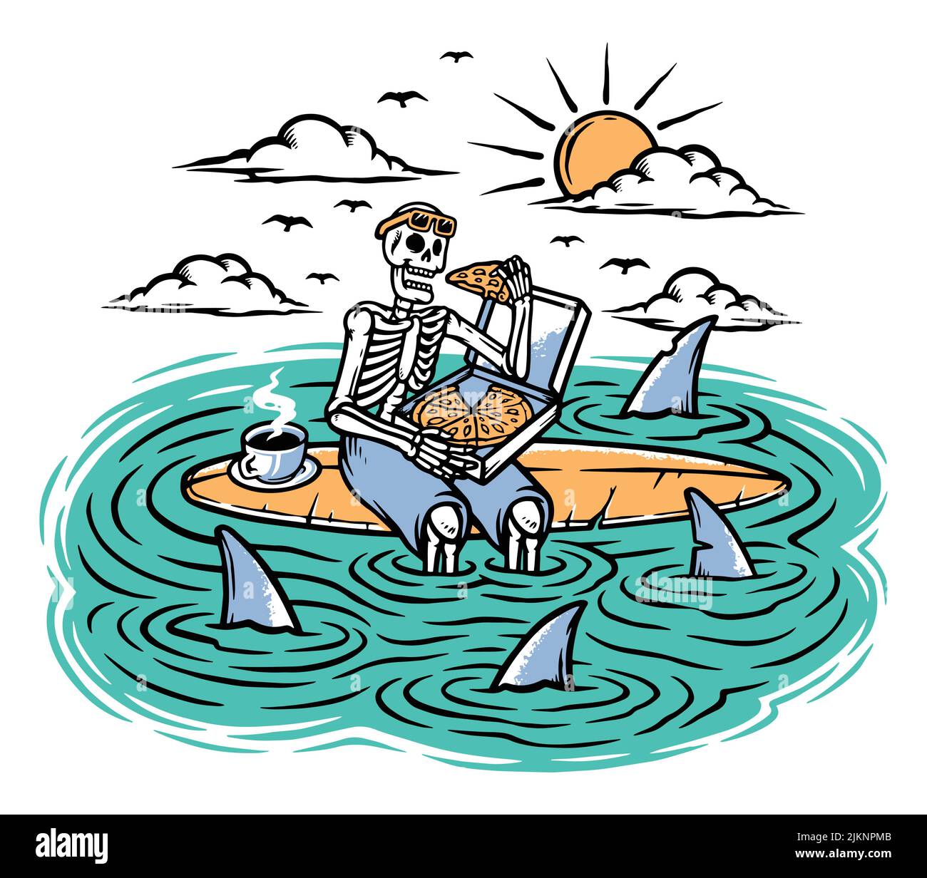 skull eating pizza on surfboard illustration Stock Vector Image & Art