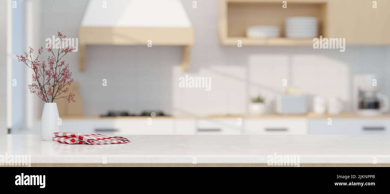 Modern luxury white kitchen tabletop with decors and copy space for ...