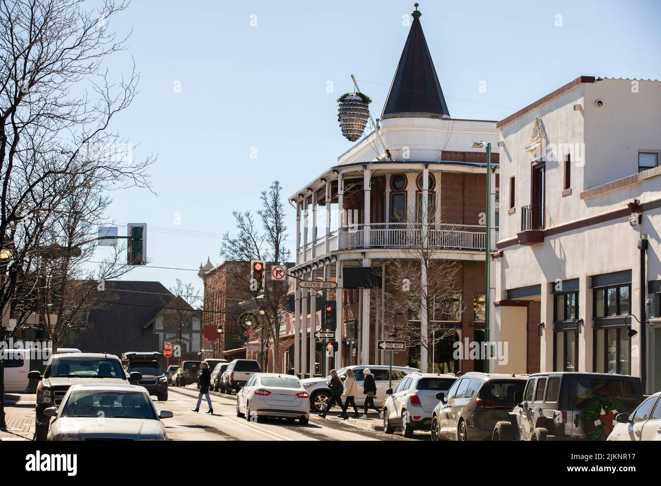 Morning view of the historic downtown district of Flagstaff, Arizona, USA. Stock Photo