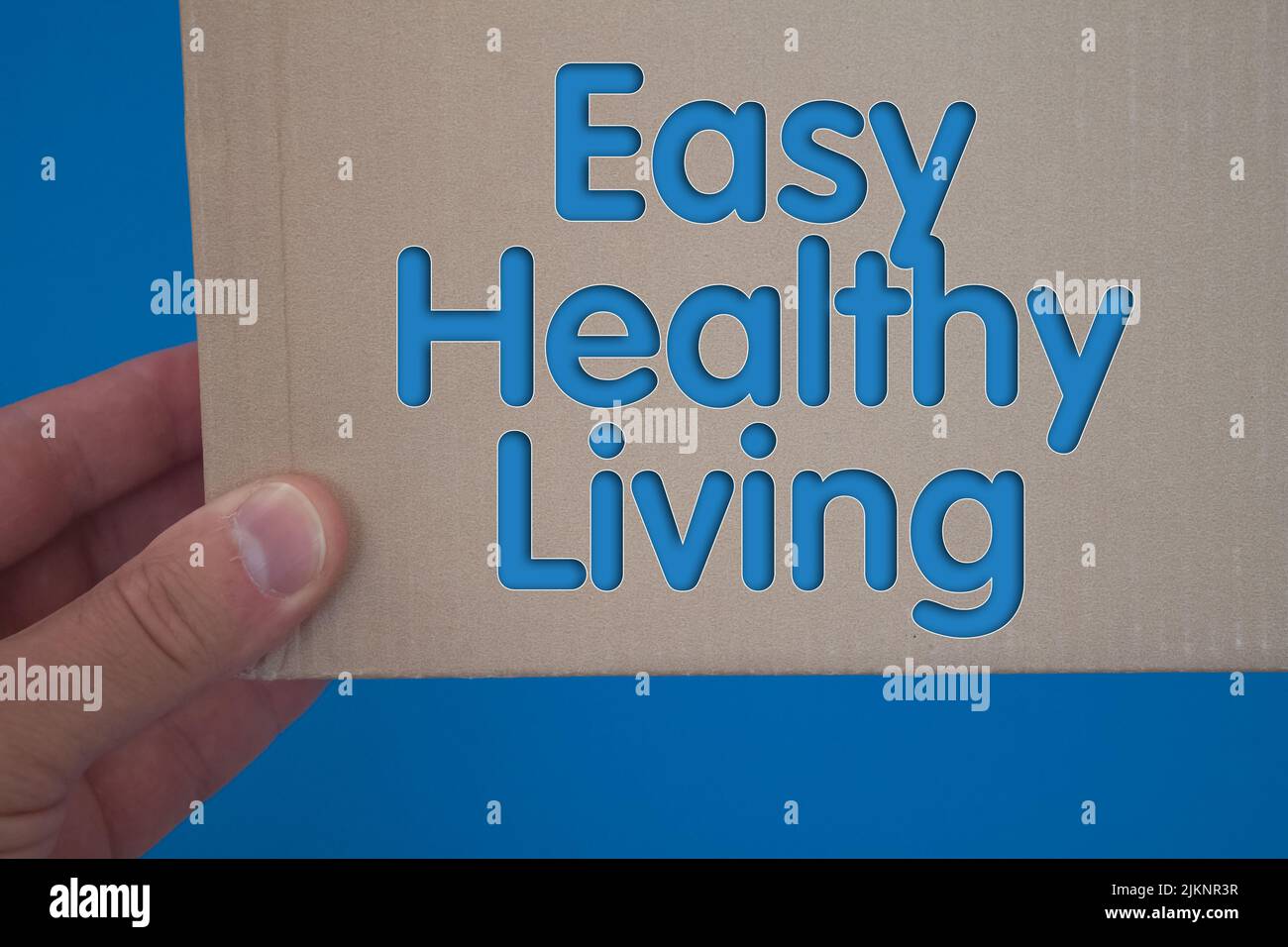 Easy Healthy Living word with cardboard box. Brown folded cardbox. Stock Photo