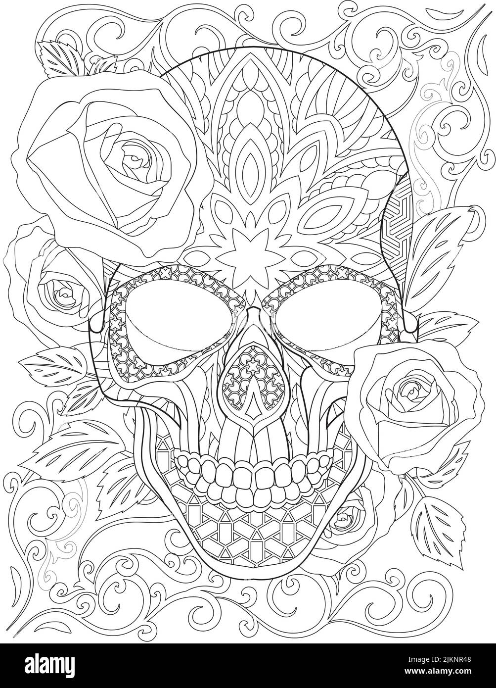 A skull Tattoo Drawing Surrounded By Roses And Eaves With His Mouth Closed Stock Vector