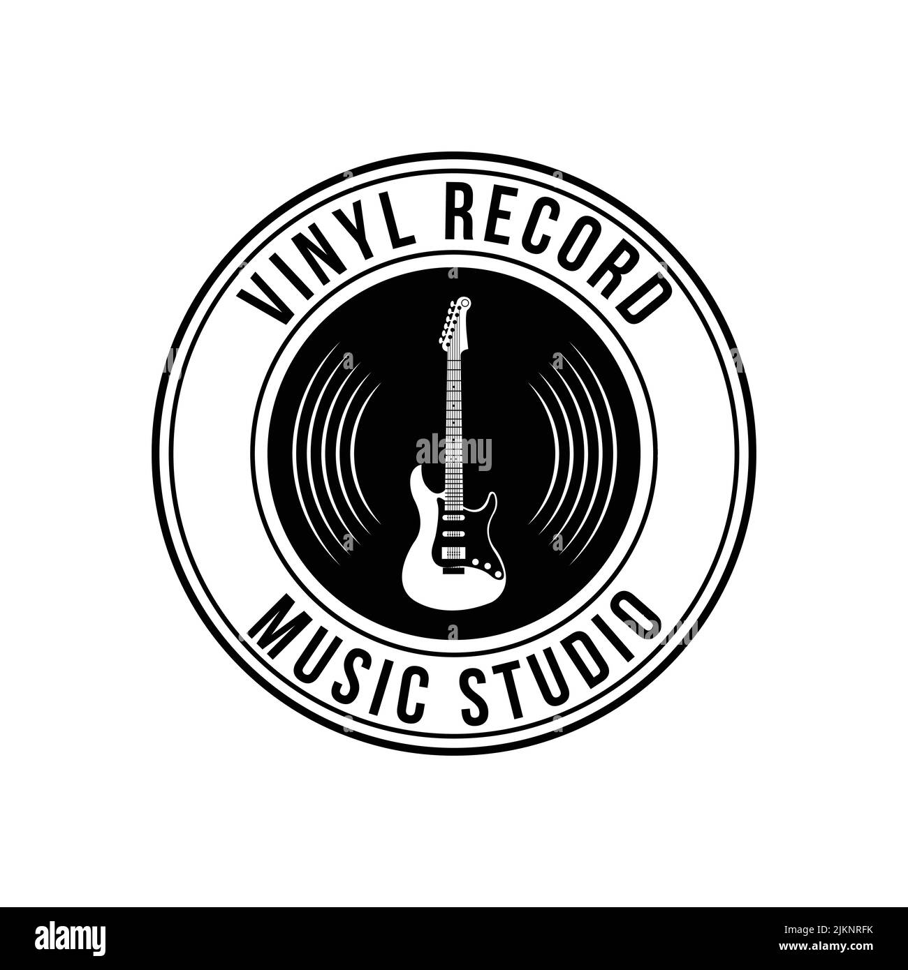 A minimalist round logo design of a vinyl record music studio on white background Stock Vector