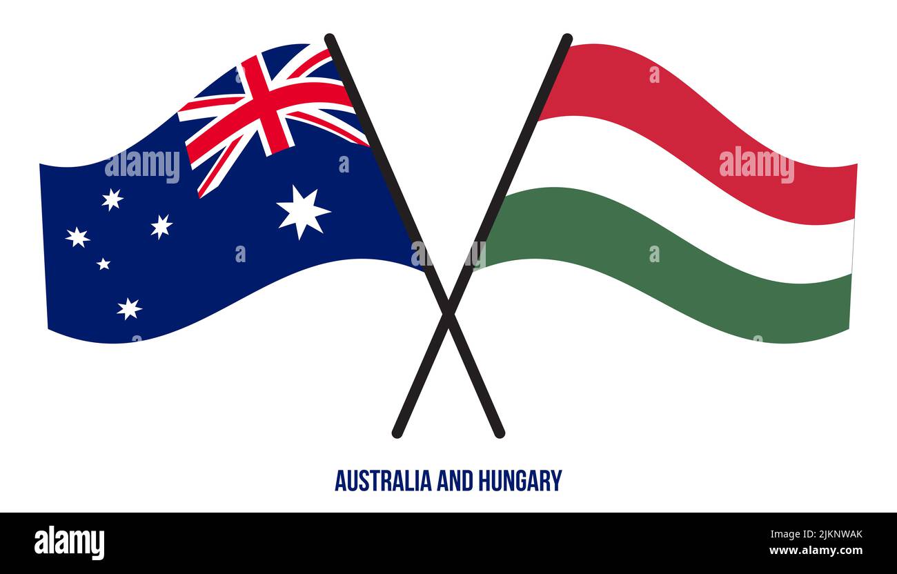 Australia and Hungary Flags Crossed And Waving Flat Style. Official Proportion. Correct Colors. Stock Photo