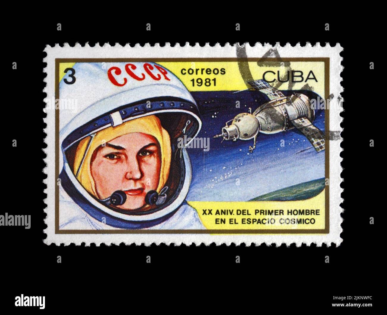 Valentina Tereshkova, astronaut , first woman in space, rocket shuttle Vostok 6, circa 1981. vintage postal stamp isolated on black background. Stock Photo