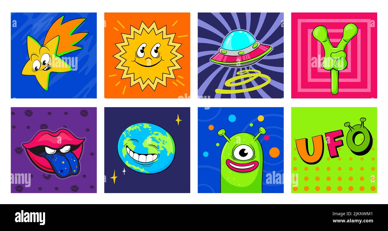 Retro stickers UFO space theme. Planets, aliens, spaceship in cartoon style. Vector illustration Stock Vector