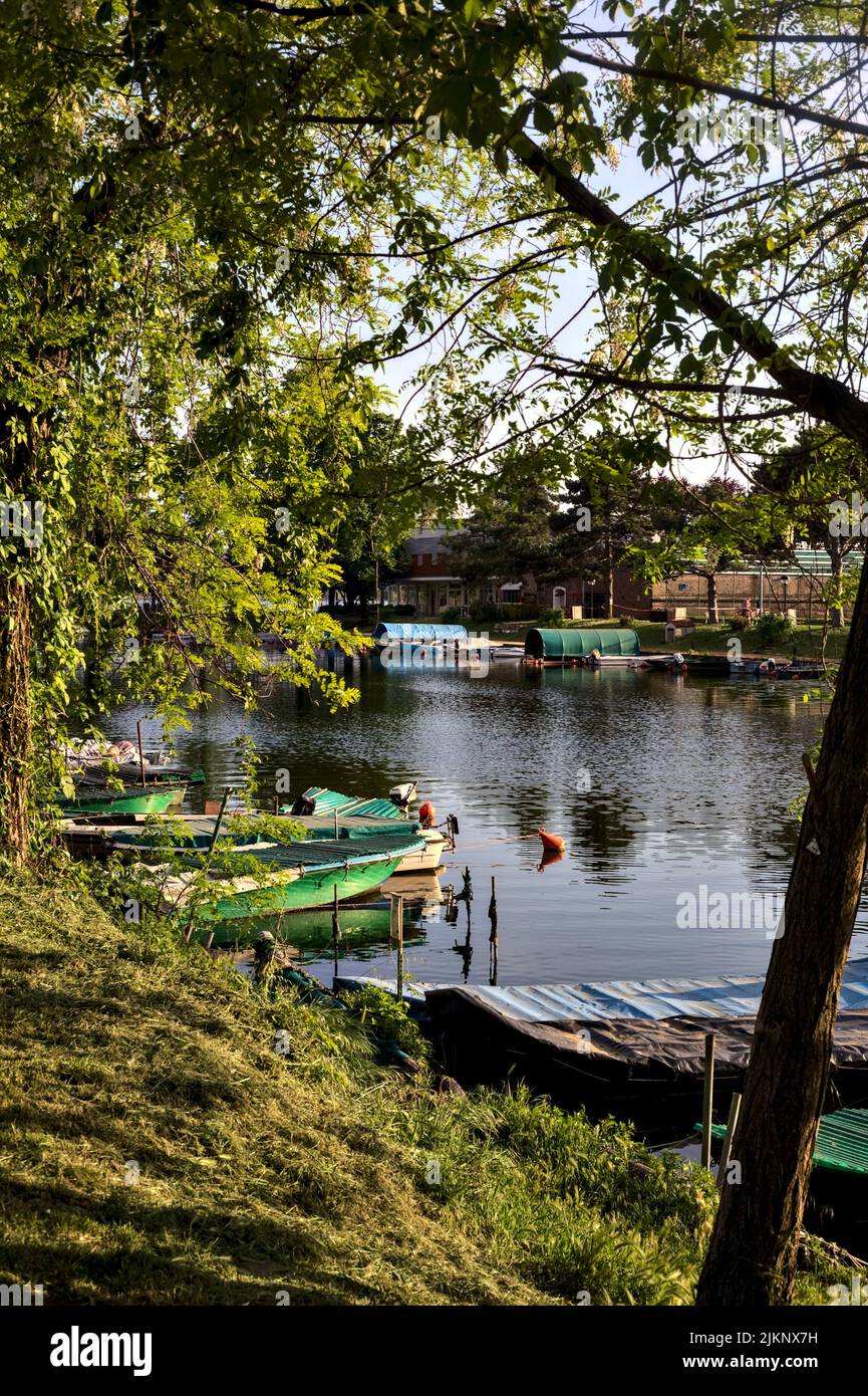 Mooring in an inlet of a lake in the countryside at sunset Stock Photo ...