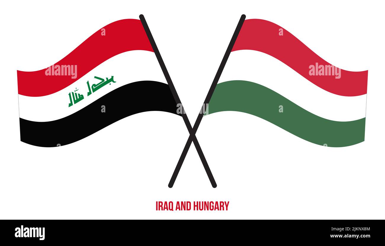 Iraq and Hungary Flags Crossed And Waving Flat Style. Official Proportion. Correct Colors. Stock Photo