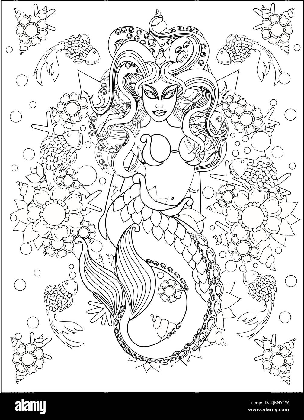A Mermaid Swimming Along With Little Fishes Underwater Stock Vector