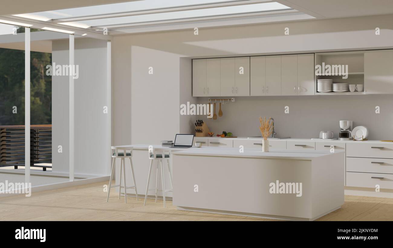 Modern luxury spacious home apartment kitchen interior design in white ...