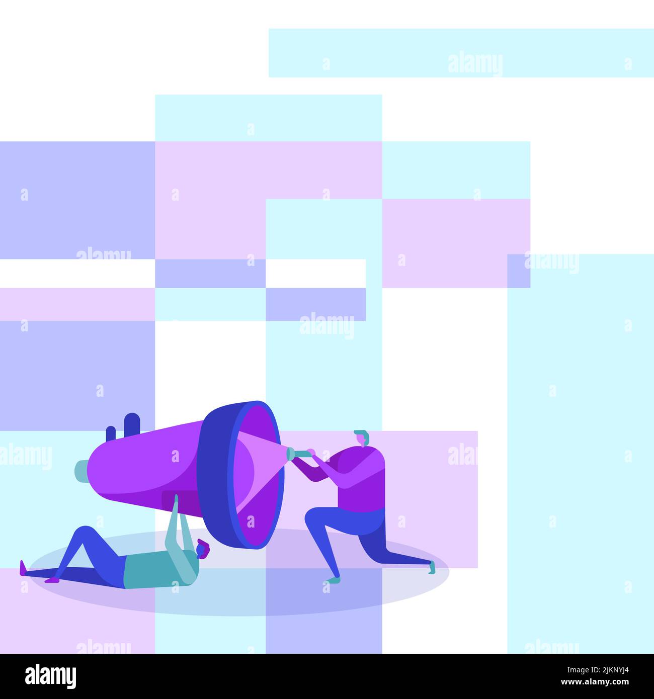 Two cartoon characters fixing a big megaphone on a geometric background