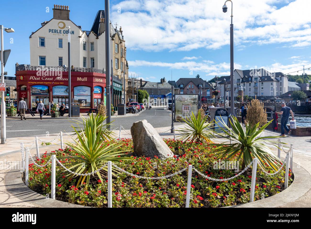 Oban resort town on the West coast of Scotland, street scene of the town centre with summer blooms and flowers,Scotland,Uk summer 2022 Stock Photo