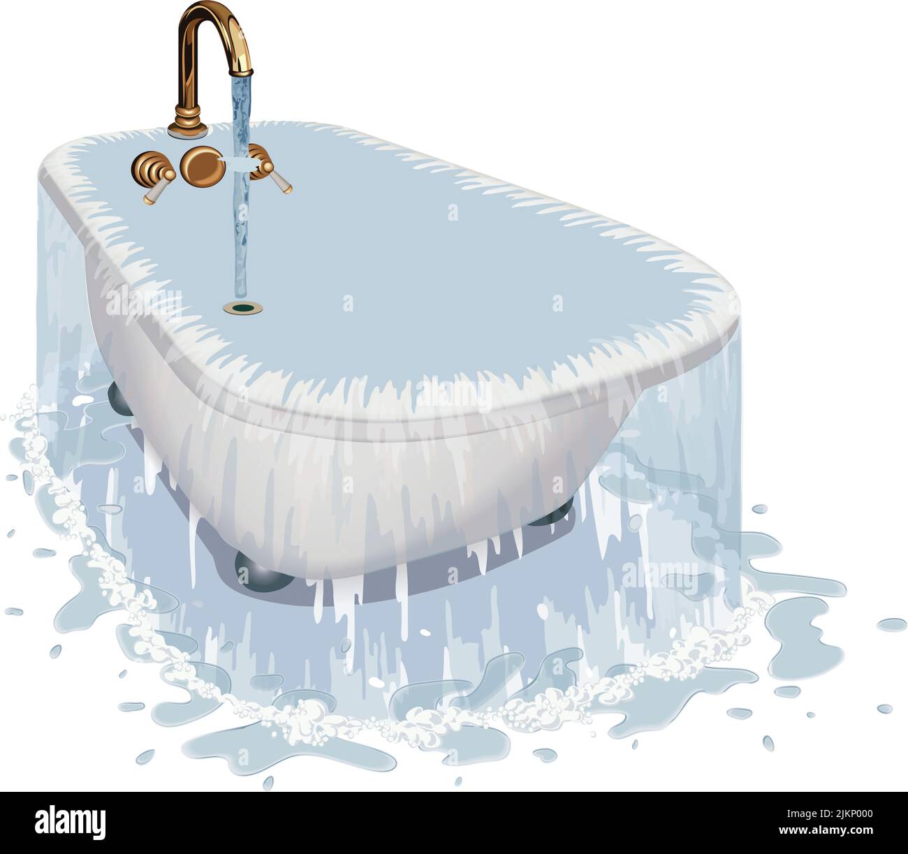 antique bathtub with feet and taps, deep and overflowing Stock Vector